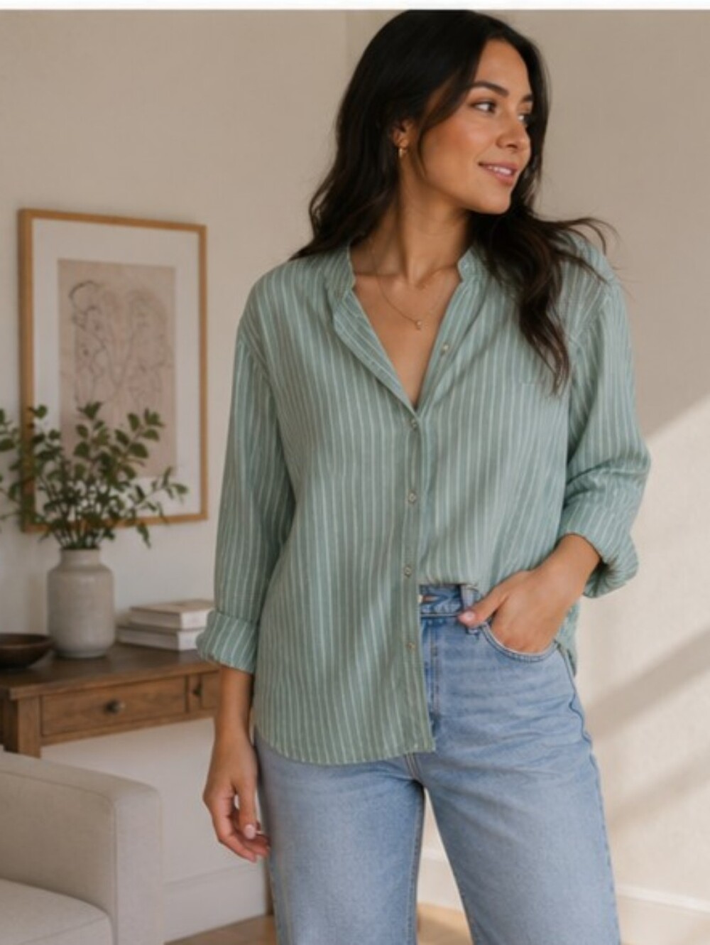 Green Striped Button-Up Shirt M